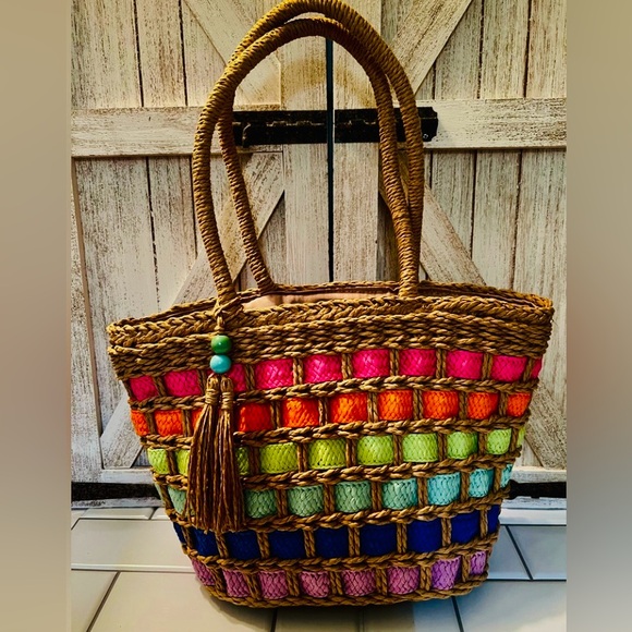 Handbags - Multicolor Woven Tote Bag